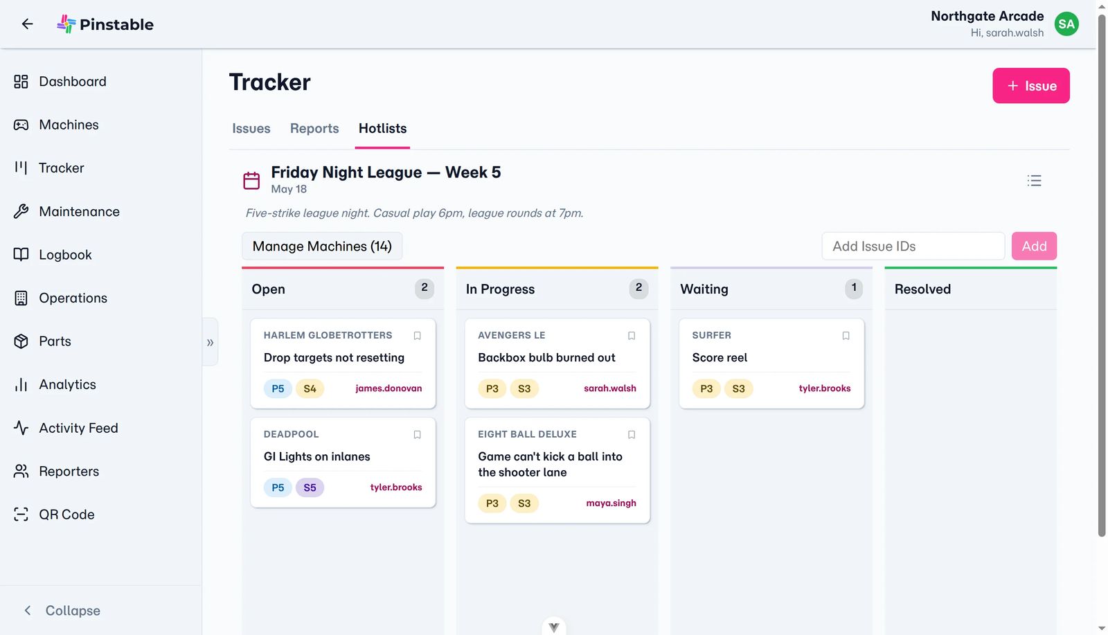 Pinstable issue tracker showing hotlist columns and assigned issues