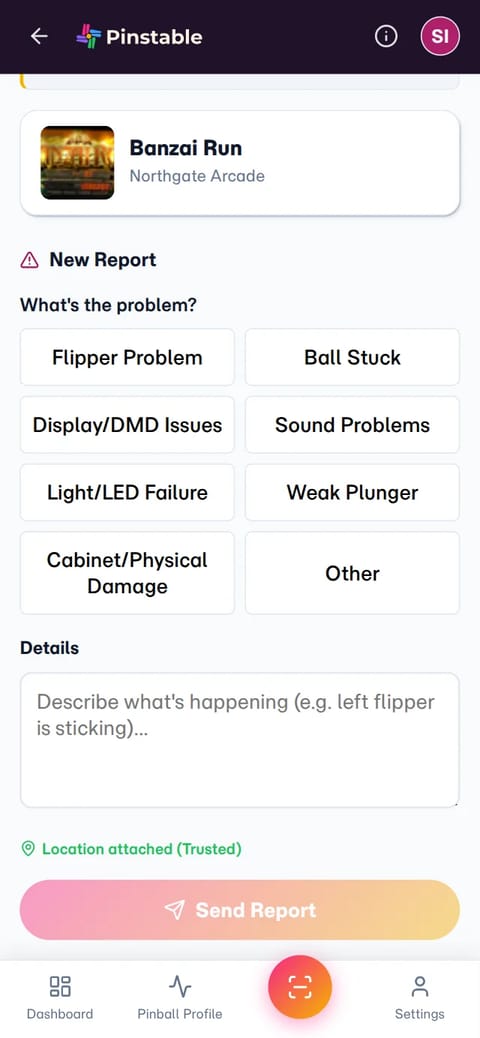 Player-side report submission screen on mobile